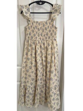 Storia Cottagecore Floral Smocked Midi Dress M Ruffle Strap Cream Blue